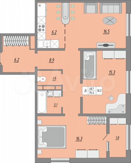 3-к. квартира, 76,2 м², 12/24 эт.