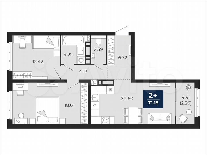 2-к. квартира, 71,2 м², 8/21 эт.