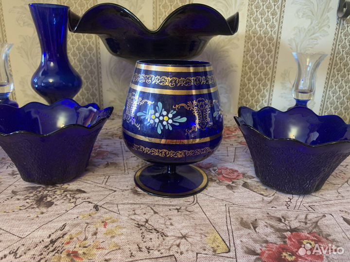 Ваза Фрутовница Салатник синее стекло кобальт