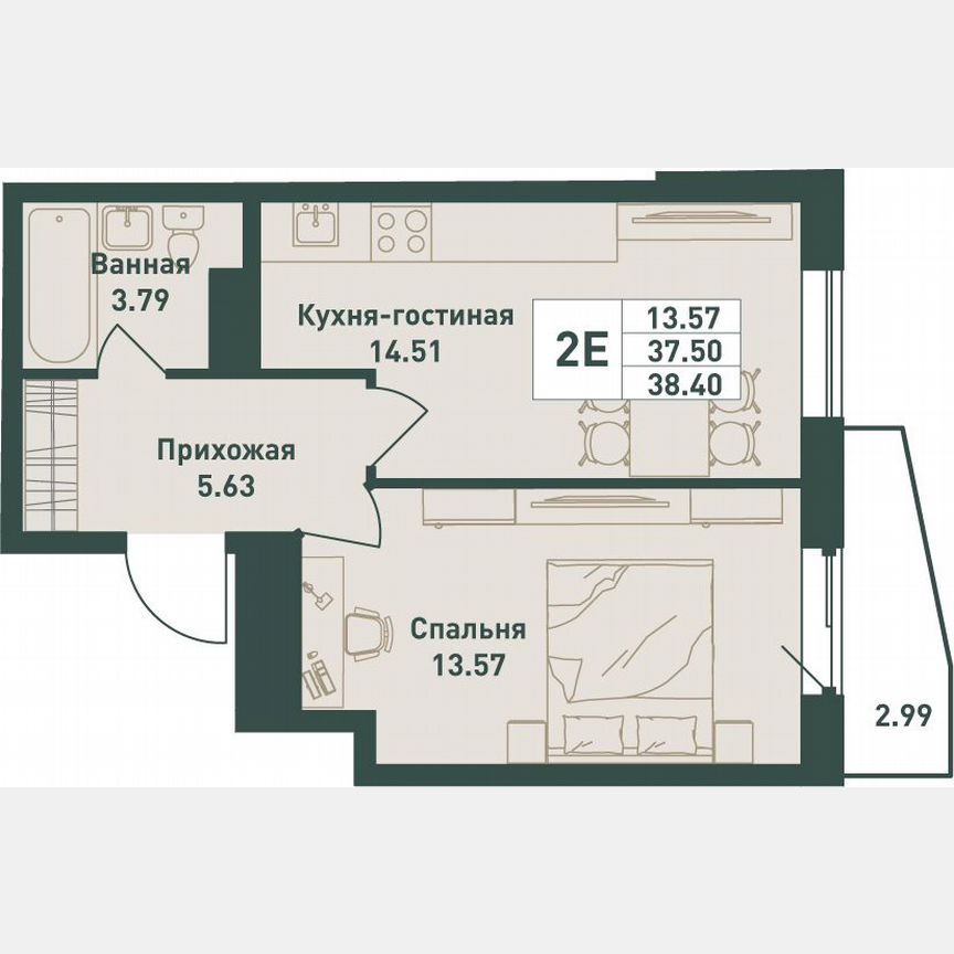 1-к. квартира, 38,4 м², 9/16 эт.