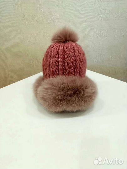 Шапка зимняя женская вязанная с мехом