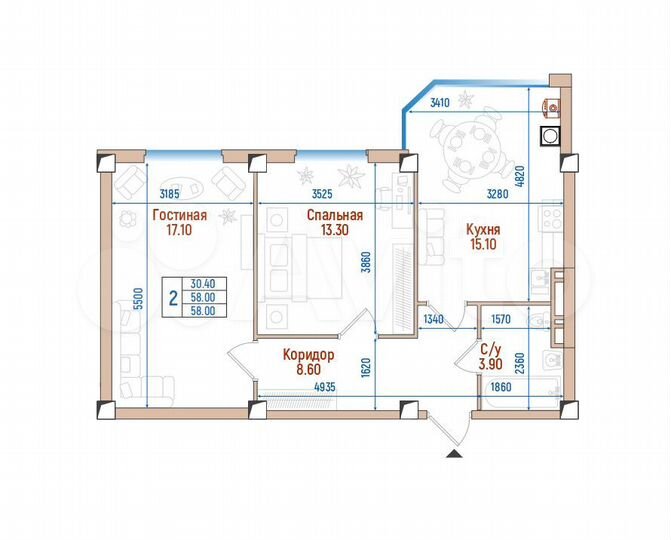 2-к. квартира, 58 м², 2/8 эт.