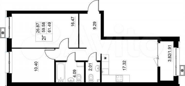 2-к. квартира, 61,5 м², 12/15 эт.