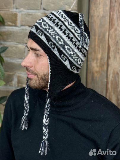 Мужская шапка Перу шерсть альпака Чульо двусторонняя цвет серо-черный 1