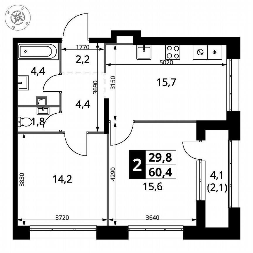 2-к. квартира, 60,4 м², 2/21 эт.