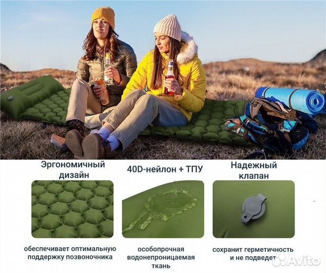 Надувной туристический коврик от Ermins (зеленый)