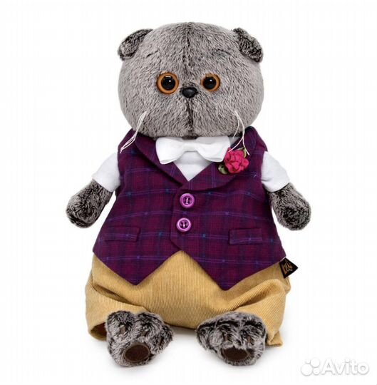 Кот Басик 30 см в бордовом жилете с розой