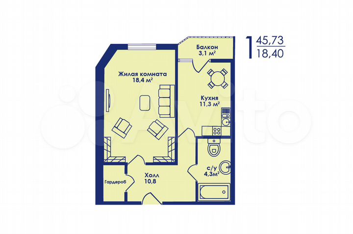 1-к. квартира, 45,7 м², 3/17 эт.