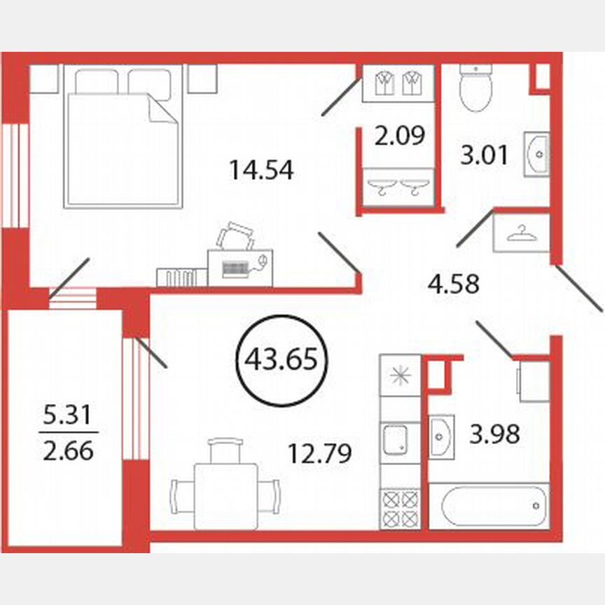 1-к. квартира, 43,7 м², 7/12 эт.