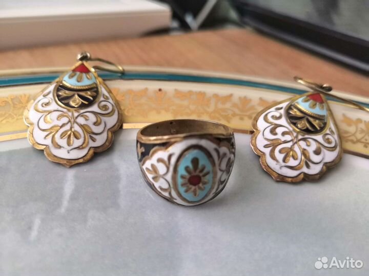 Кольцо Серьги СССР Кубачи Эмаль Серебро