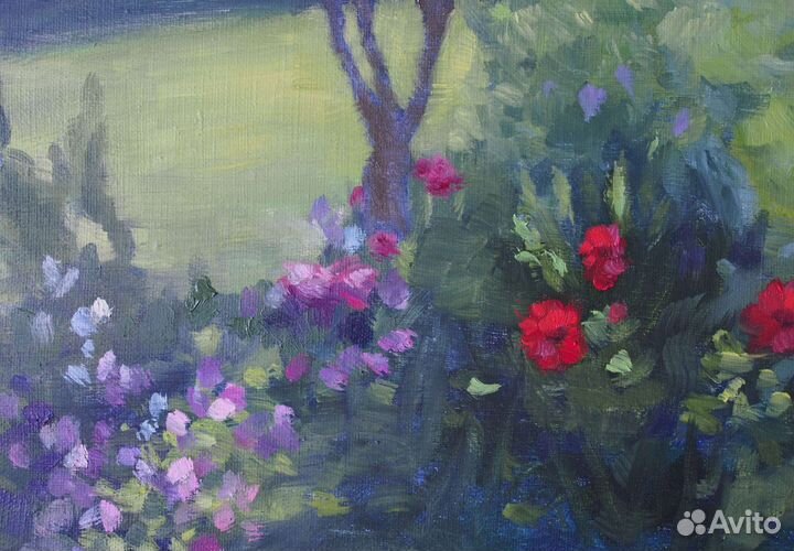 Картина маслом на холсте пейзаж с цветами 
