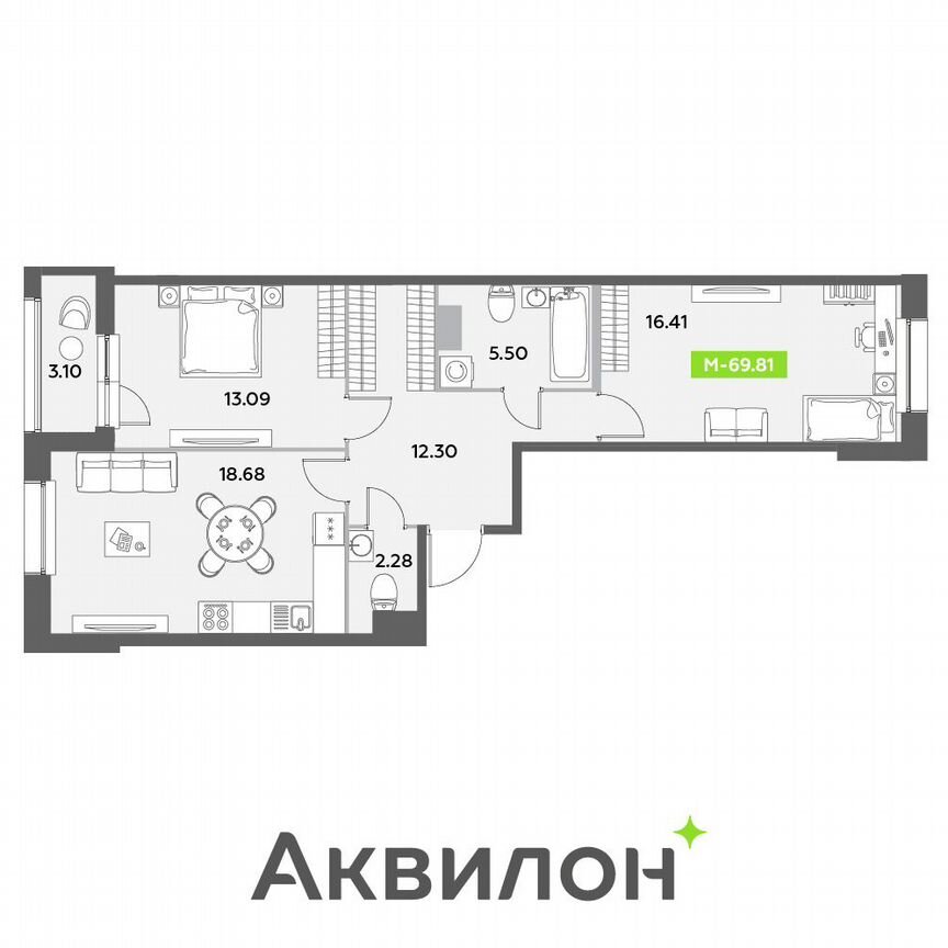 2-к. квартира, 69,8 м², 8/12 эт.