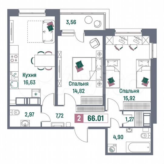 2-к. квартира, 66 м², 14/16 эт.