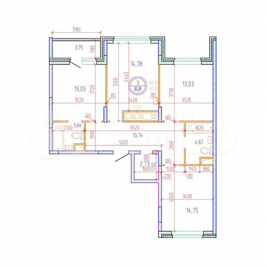 3-к. квартира, 85,1 м², 13/17 эт.