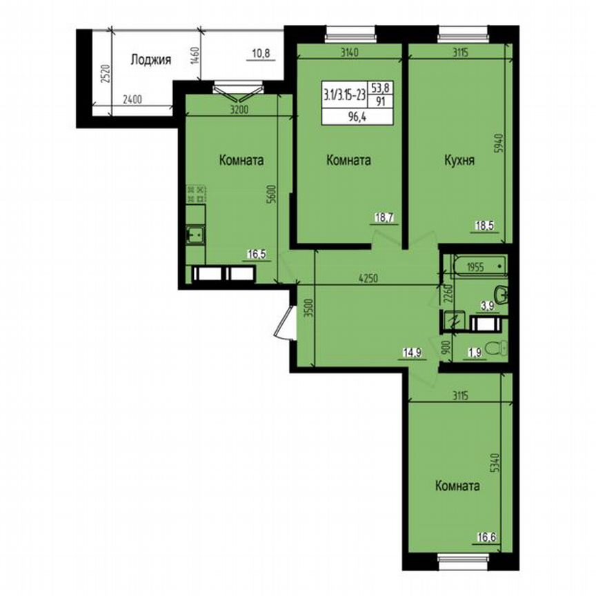 3-к. квартира, 96,4 м², 23/23 эт.