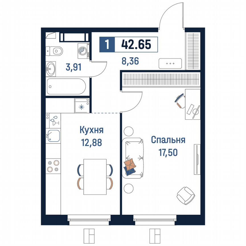 1-к. квартира, 42,7 м², 3/18 эт.