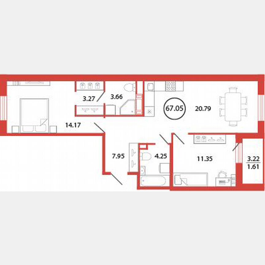 2-к. квартира, 67,1 м², 5/12 эт.