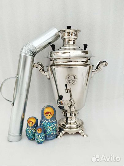 Самовар в никеле, рюмка, на дровах