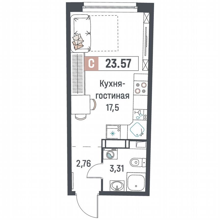 Квартира-студия, 23,6 м², 5/18 эт.
