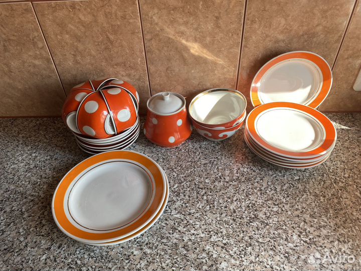 Столовый сервиз фарфор СССР оранжевый в горох