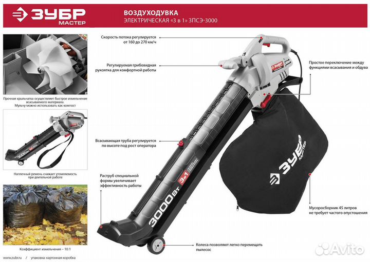 Садовый электрический пылесос Зубр зпсэ-3000
