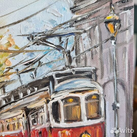 Трамвай картина маслом городской пейзаж живопись