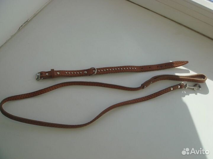 Ошейник с поводком из натуральной кожи