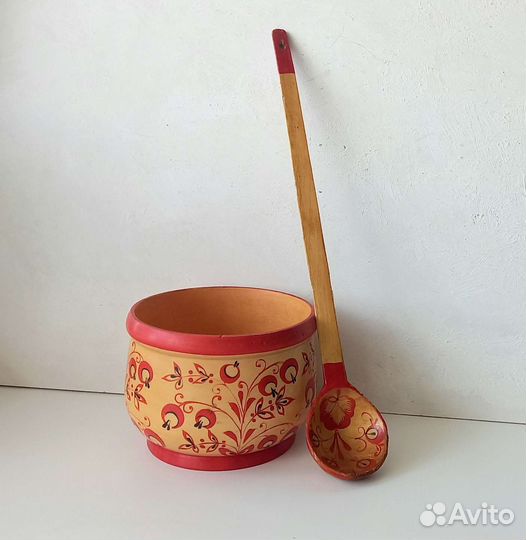 Старинная миска с ложкой Ручная роспись Хохлома