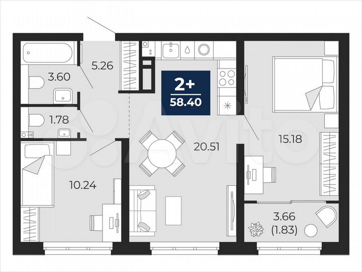 2-к. квартира, 58,4 м², 7/22 эт.