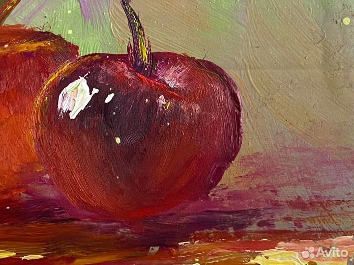 Картина маслом вишенки 8,5х10 см с подставкой