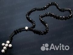 Бусы с чёрным цирконом, шарик 10 мм, крест шамбала