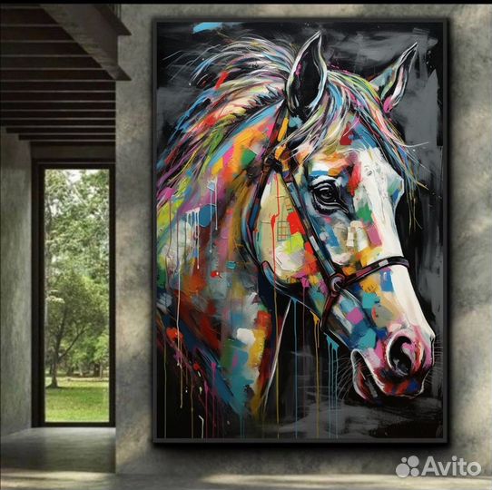 Картина маслом разноцветная лошадь Премиум холст