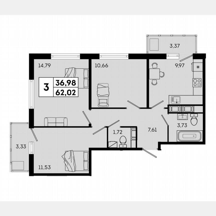 3-к. квартира, 62 м², 7/7 эт.
