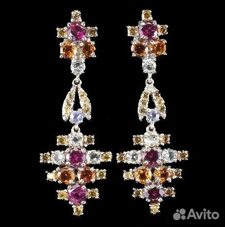 Серебряные серьги гран,аква,цитрин,сапф,танзанит