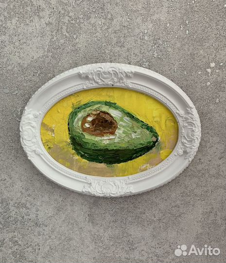 Картина маслом в рамке авокадо, импасто 14х20