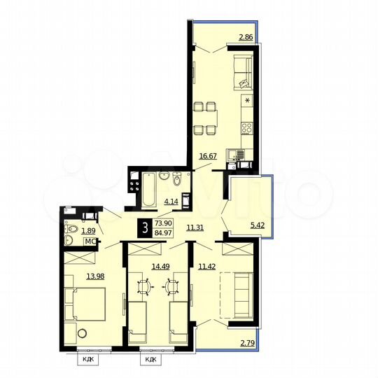 3-к. квартира, 79,4 м², 1/24 эт.