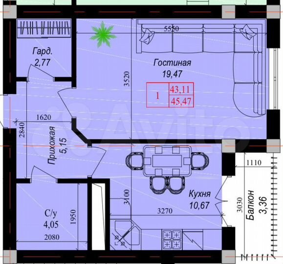 1-к. квартира, 45,5 м², 6/12 эт.