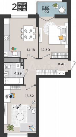 2-к. квартира, 59,4 м², 2/7 эт.