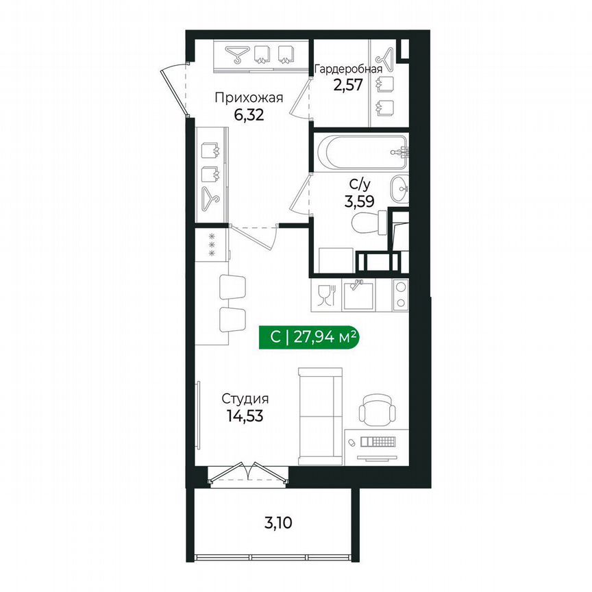 Квартира-студия, 27,9 м², 3/8 эт.