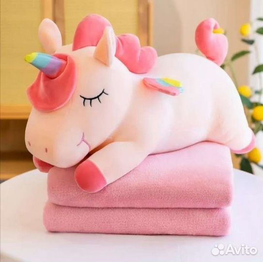Мягкая игрушка подушка Единорог с пледом внутри