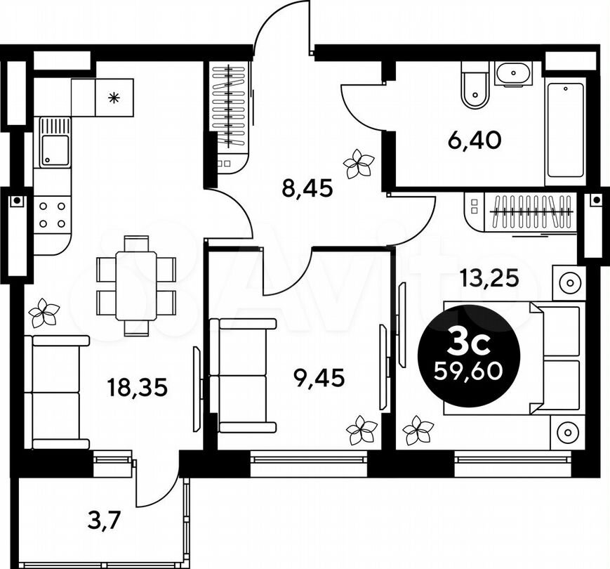 2-к. квартира, 59,6 м², 3/9 эт.