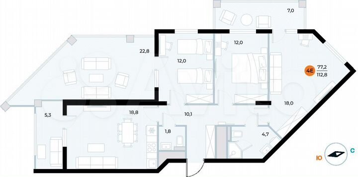 3-к. апартаменты, 112,8 м², 3/7 эт.