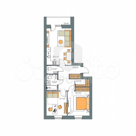 2-к. квартира, 65 м², 1/9 эт.