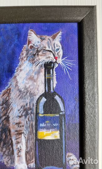 Картина Кот и бутылка 10*15 акрил холст на картоне