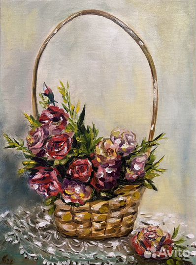 Картина маслом «Розы в корзине», холст 30*40