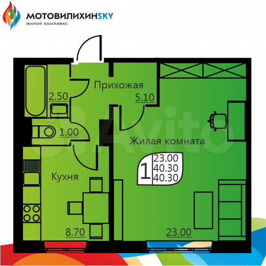 1-к. квартира, 40 м², 1/9 эт.