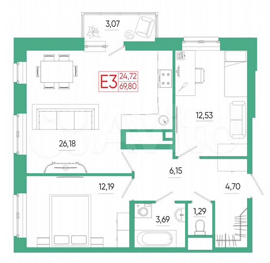 2-к. квартира, 69,8 м², 5/25 эт.