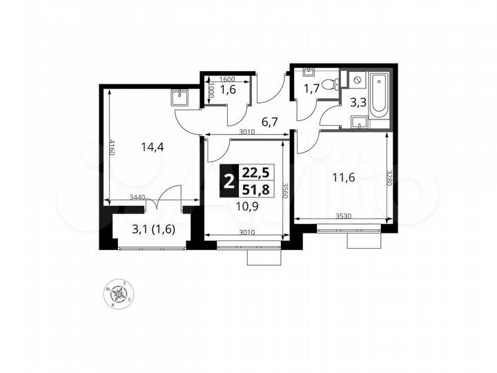 2-к. квартира, 51,8 м², 21/24 эт.