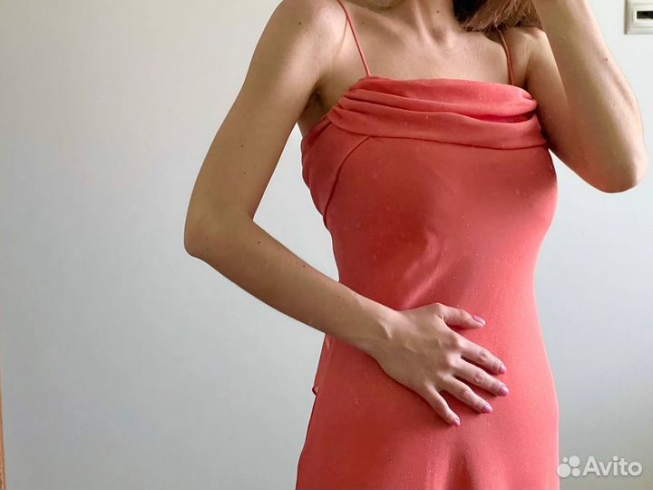 Вечернее платье с блестками макси 42 персиковое