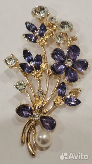 Брошь 2в1 Сапфировый букет кристаллы жемчуг